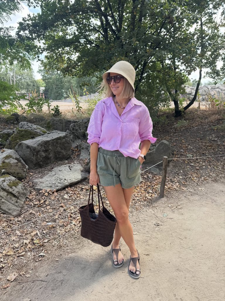 A Pink-Lilac Shirt with Olive Shorts for Outdoor Days