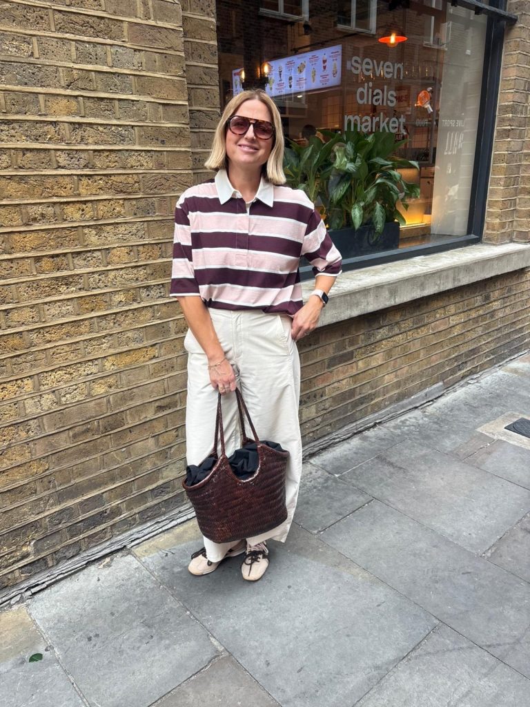 A Striped Polo Top with White Wide-Leg Pants